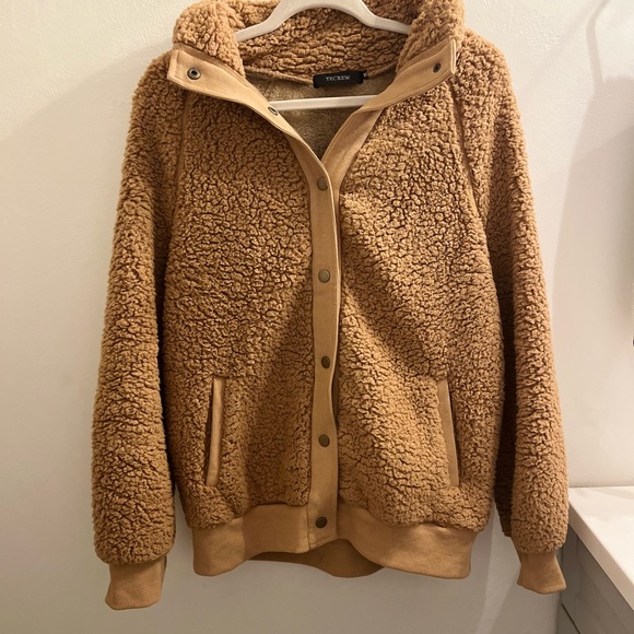 WOMENS FUZZY BROWN COLLEGE JACKET - Picture 3 of 4